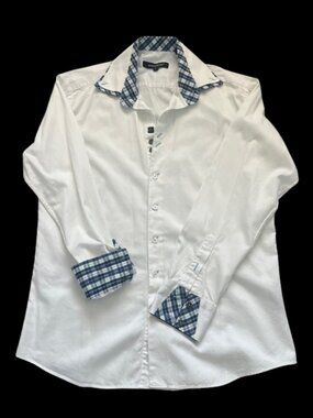 Bogosse White Men's Button-Down Shirt with Blue Plaid Trim Flip Cuffs Size 4 (L)